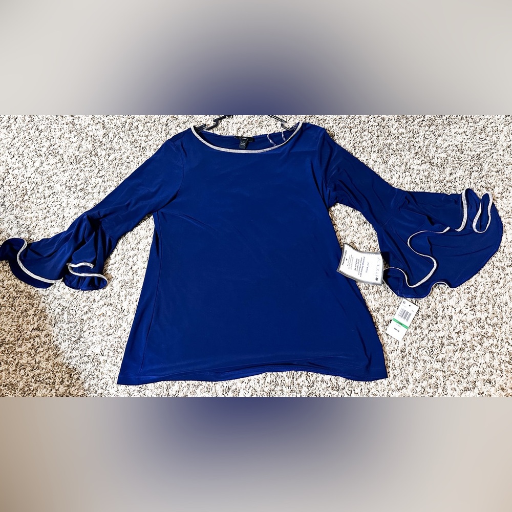 Msk Rhinestone Women's Blouse Boat Neckline Bell-Sleeve Top Blue Large L